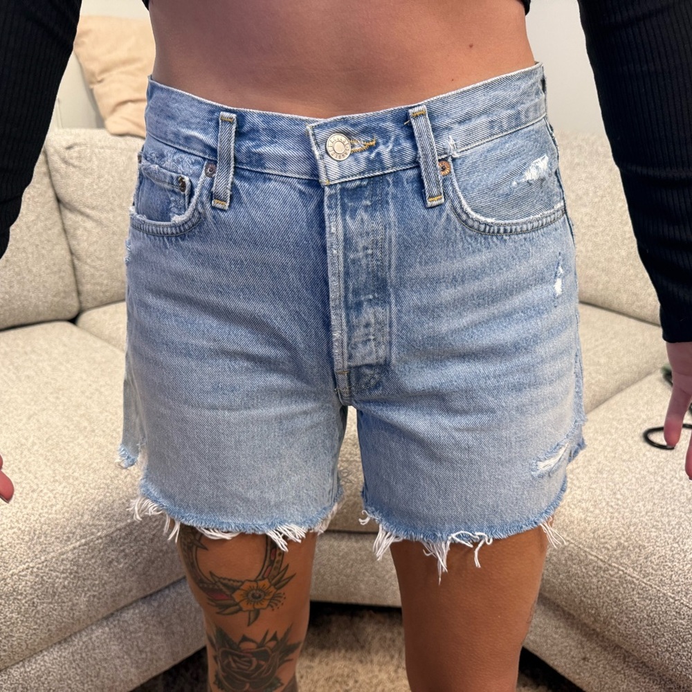 Agolde Faded Blue Frayed Jean Shorts